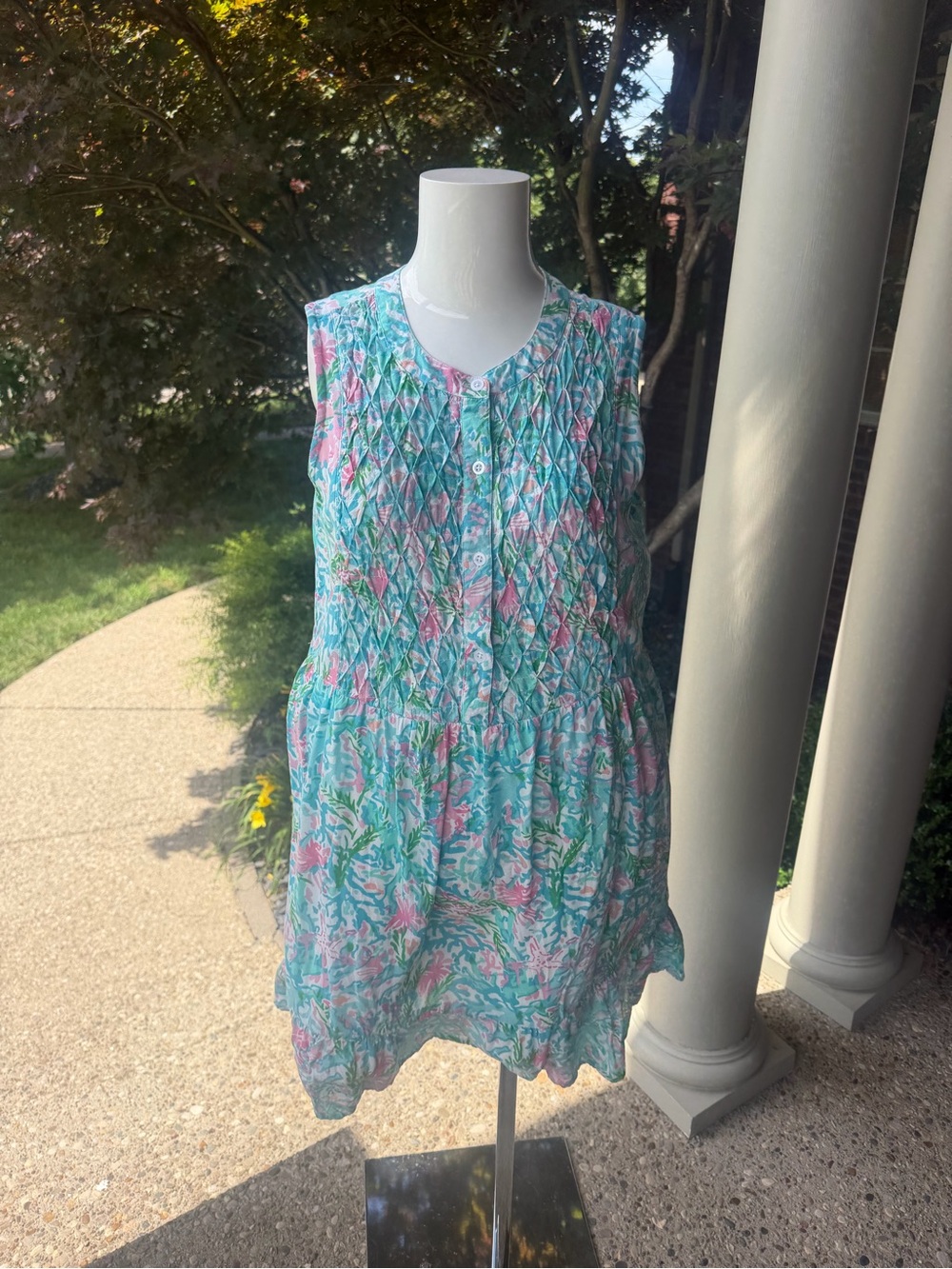 Linda Anderson Love Your Style Floral Pintuck Sleeveless Dress Blue & Pink ** M